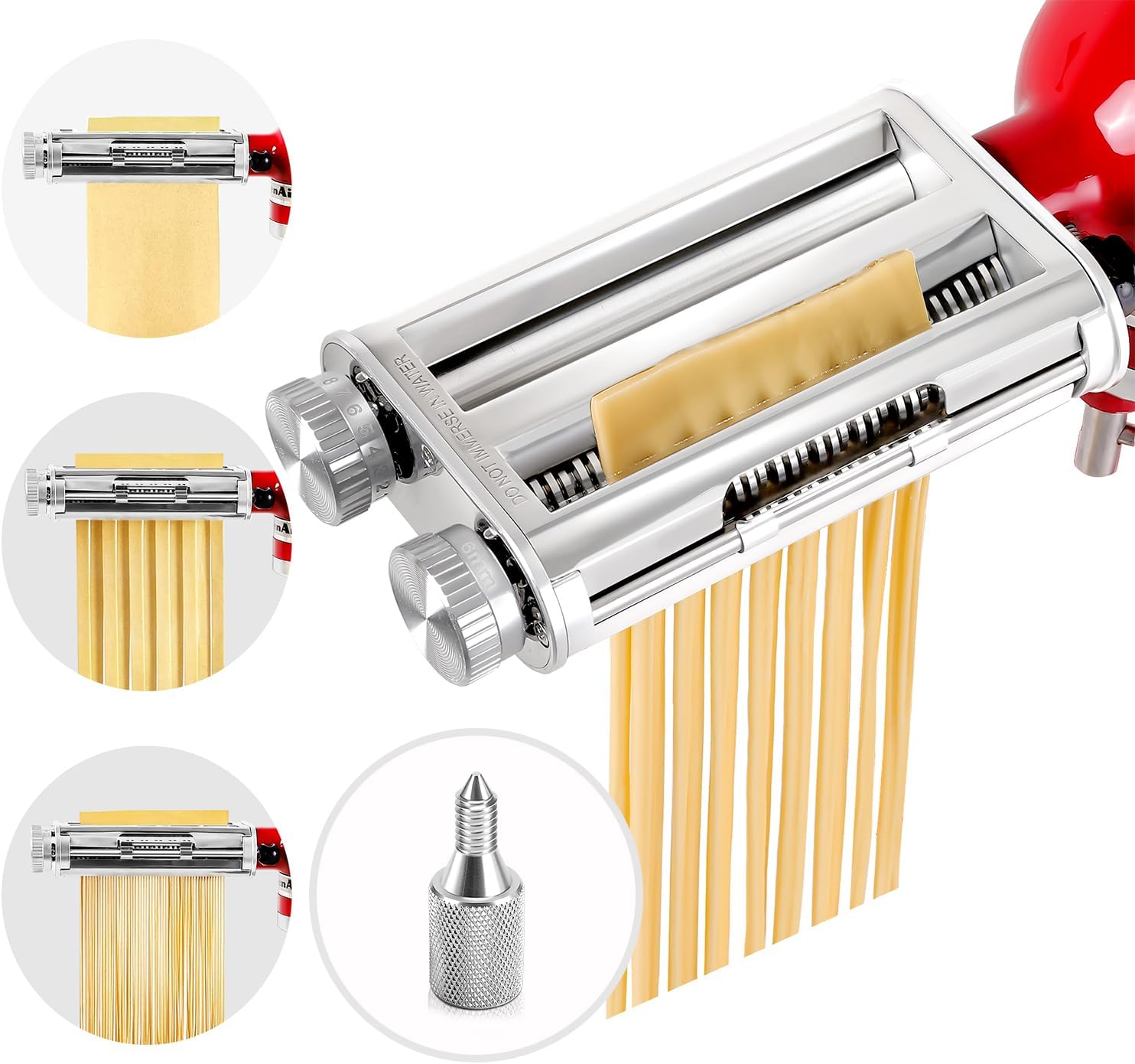 Commercial Kitchen Supplies - キッチンエイドミキサー3-in-1パスタローラーカッターアタッチメント、スパゲッティ＆フェットチーネブレード、8段階の厚さ調整、耐久性のある金属構造