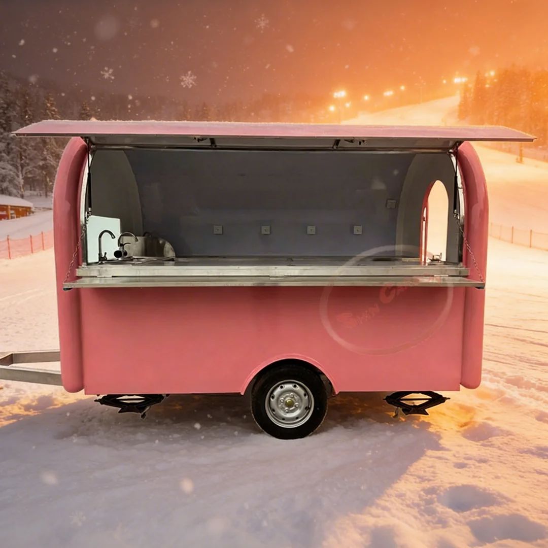 Commercial Kitchen Windows - ピンクのグラスファイバー製フードトレーラー、業務用厨房機器、エアコン、大きな窓付き、ビジネス利用向け