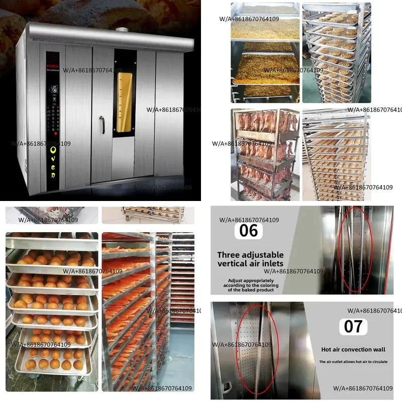 Rotary Bakery Oven - 新しいステンレス製ベーカリー用オーブン。電気式で、64段のトレイを搭載し、大容量。粉砕所での使用に適した回転式オーブン。