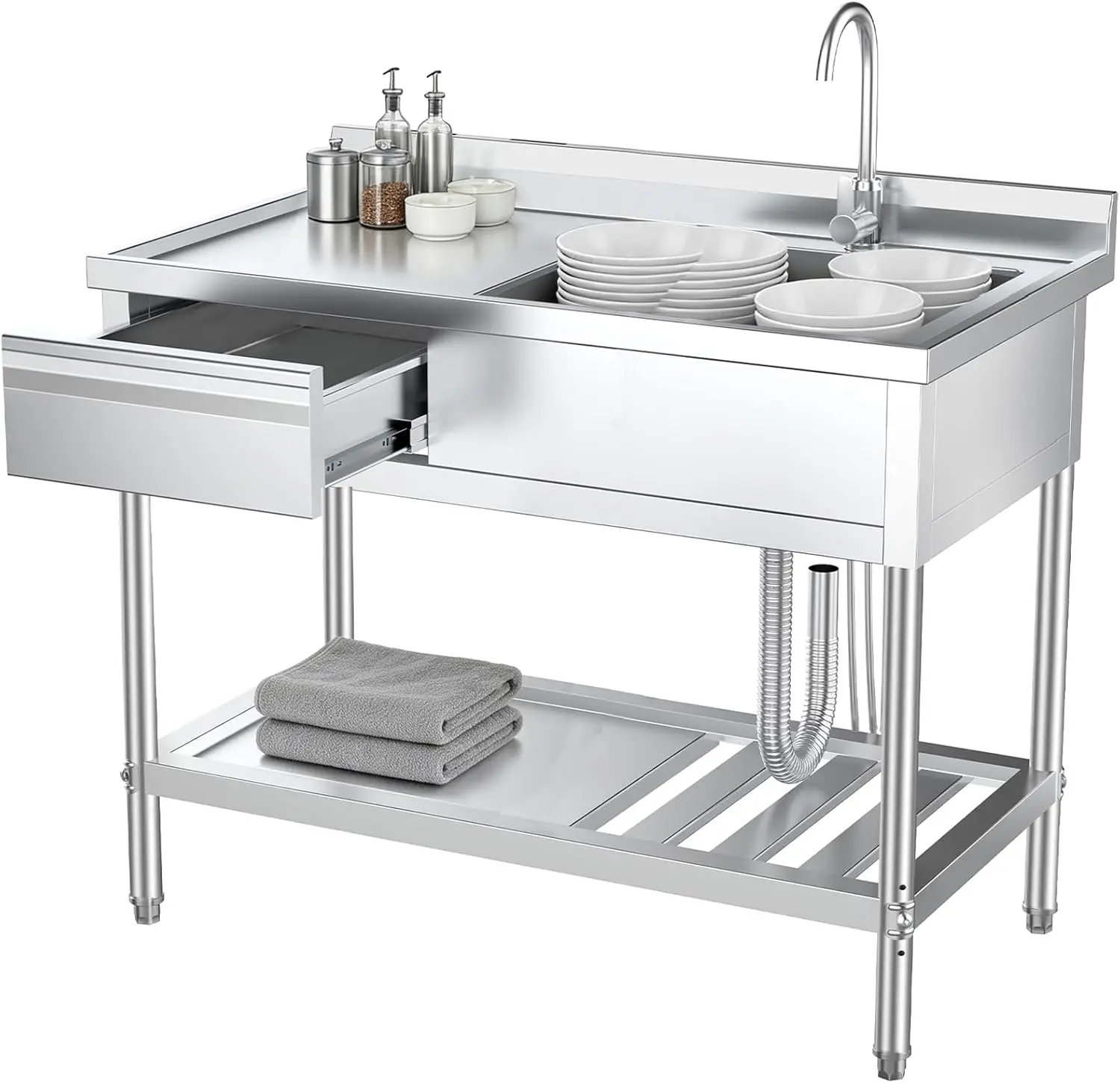 Commercial Kitchen Plumbing - ステンレス製ユーティリティシンク（引き出し＆配管付き）シングルボウル業務用シンク（キッチン、ランドリー、農家向け） | ヘビーデューティーI