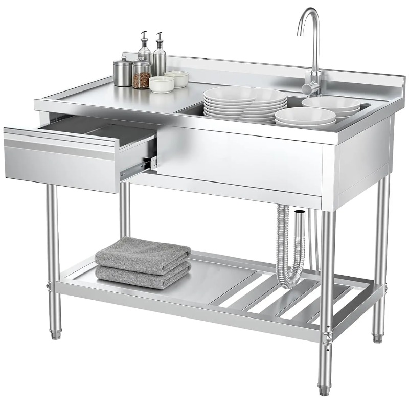 Commercial Kitchen Plumbing - ステンレス製ユーティリティシンク（引き出し＆配管付き）シングルボウル業務用シンク（キッチン、ランドリー、農家向け）