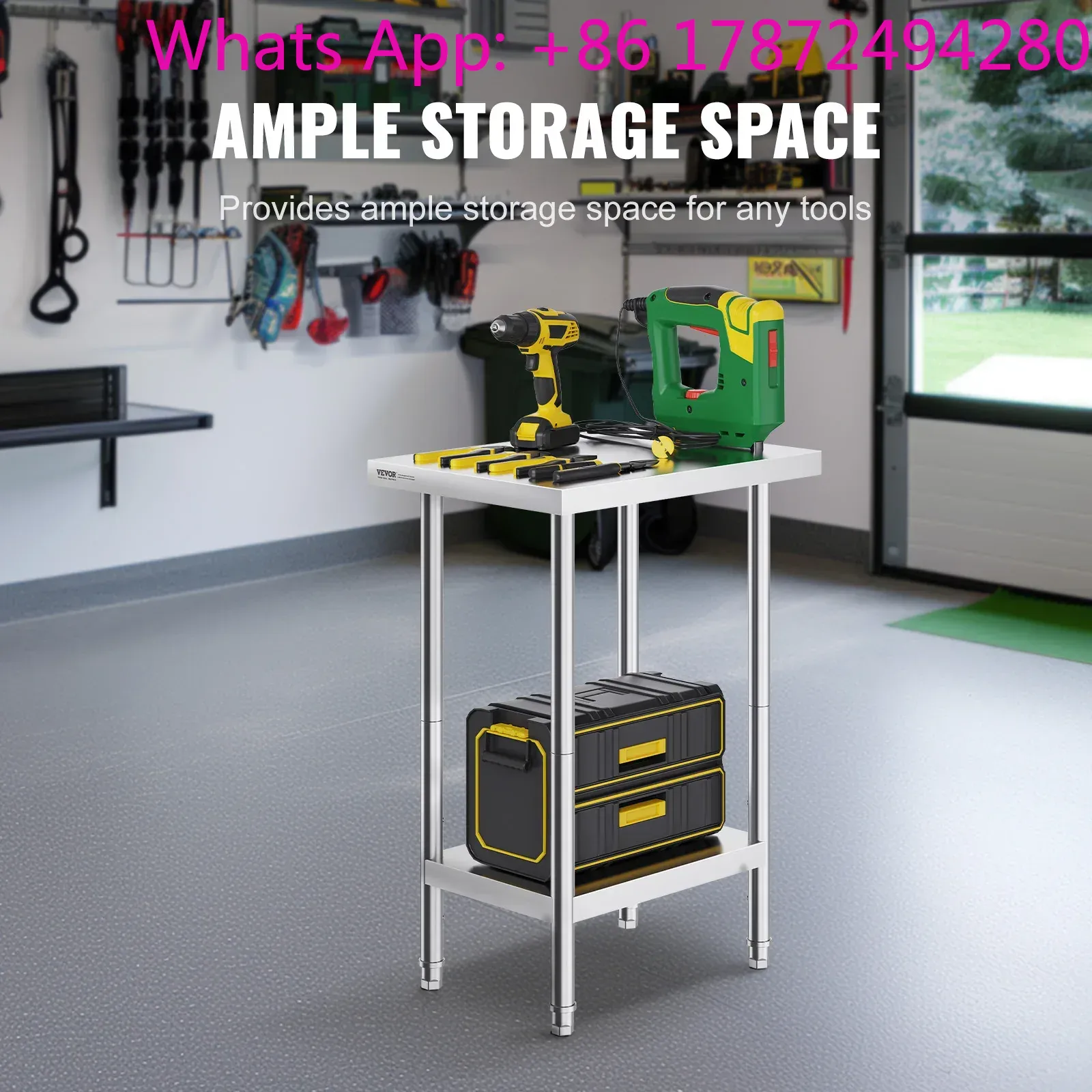 Commercial Kitchen Prep Table - ステンレス製プレップテーブル、高耐荷重、下棚付き、業務用ワークステーション、キッチン、ガレージ、レストラン、裏庭用