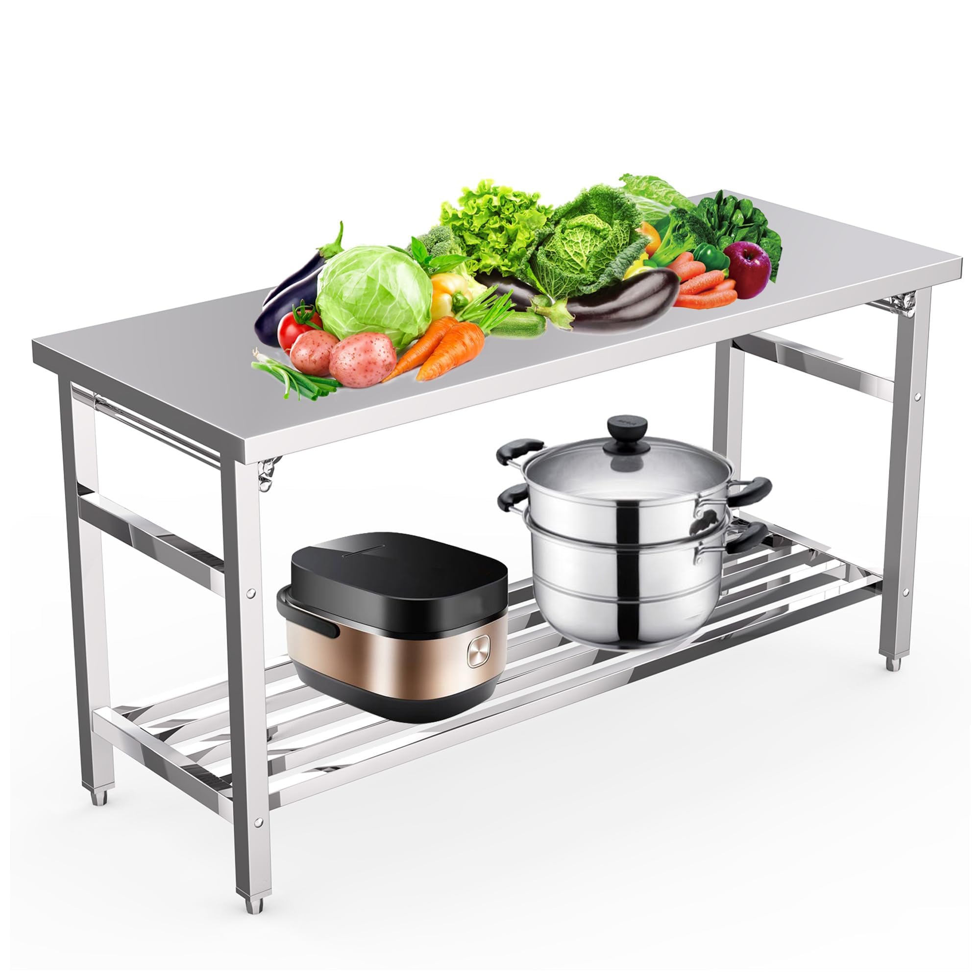 Commercial Kitchen Prep Table - 60インチ×24インチ折りたたみ式ステンレス製調理台、NSF認定の頑丈な作業台、調節可能な下段棚付き、キッチン・屋外用業務用調理作業台
