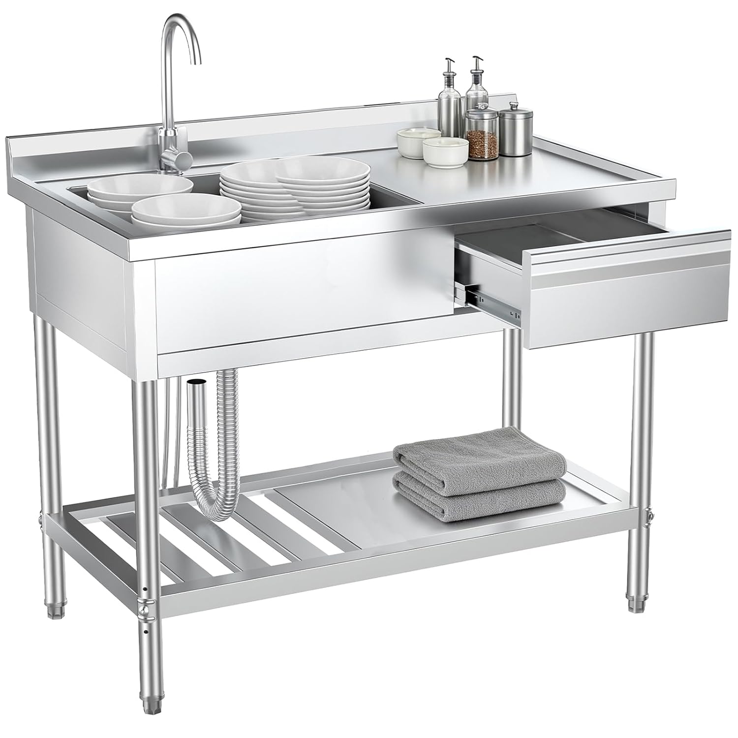 Commercial Kitchen Plumbing - 引き出しと配管が付いたステンレス製多目的シンク。キッチン、ランドリー、農家風の空間に最適な、耐久性に優れた業務用シングルボウルシンク。