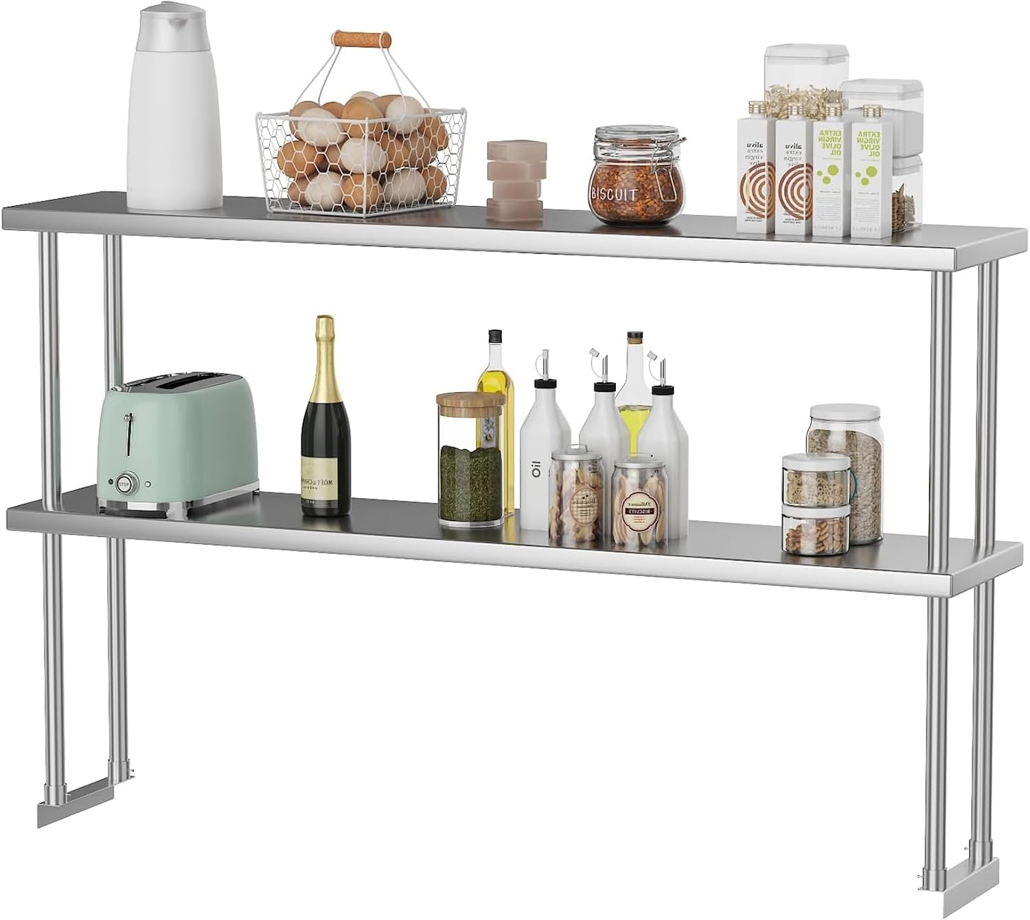 Commercial Kitchen Prep Table - 2段ステンレス製オーバーシェルフ作業台 60 X 12 商用調整可能ダブルシェルフ 重荷重対応収納ラック