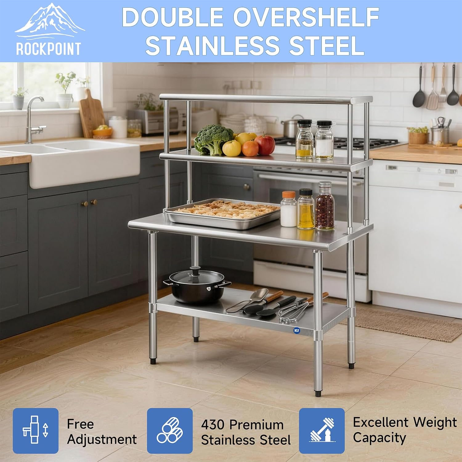 ダブルステンレススチール製オーバーシェルフ 12D 48W  - Commercial Kitchen Prep Table のレビューと価格