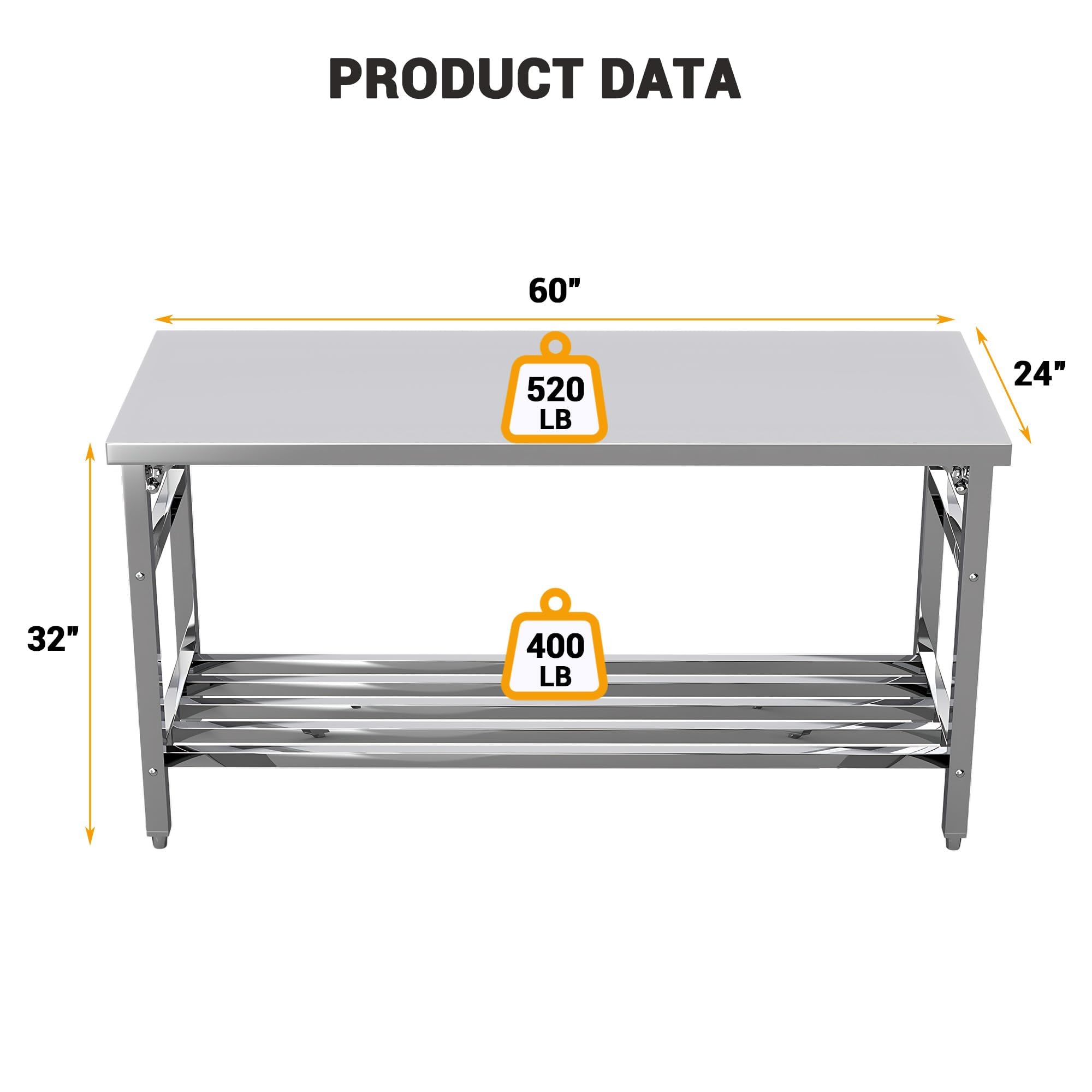 60インチ×24インチ折りたたみ式ステンレス製調理台、NSF - Commercial Kitchen Prep Table のレビューと価格