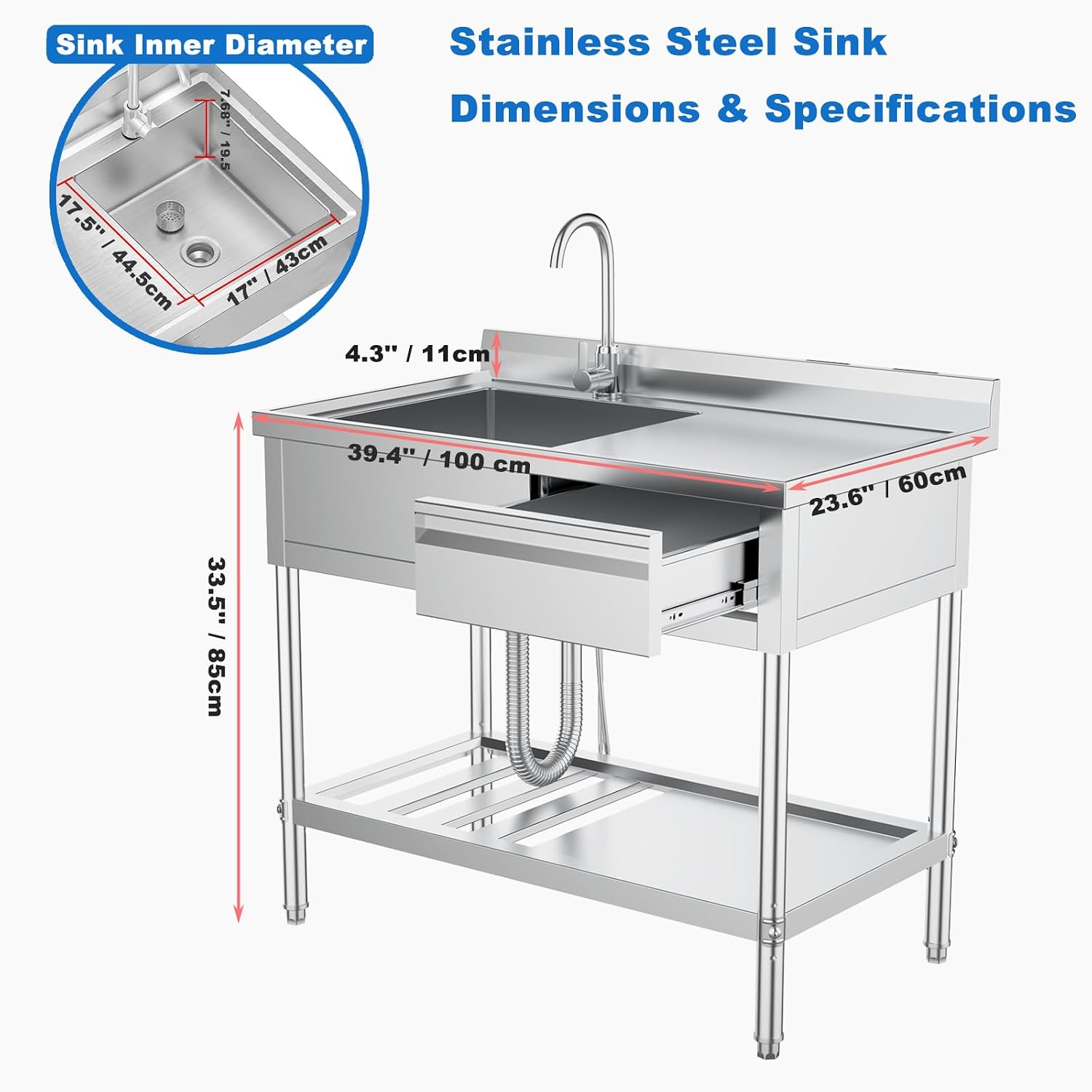 引き出しと配管が付いたステンレス製多目的シンク。キッチン、ラ - Commercial Kitchen Plumbing のレビューと価格